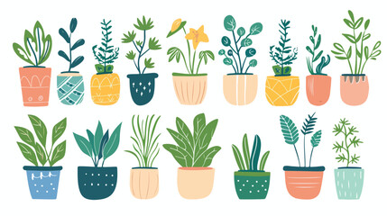 Hand drawn Houseplants in plant pots. Home potted pla - obrazy, fototapety, plakaty