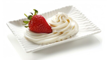 A fresh strawberry atop a swirl of whipped cream on a white plate, embodying simplicity and sweetness.
