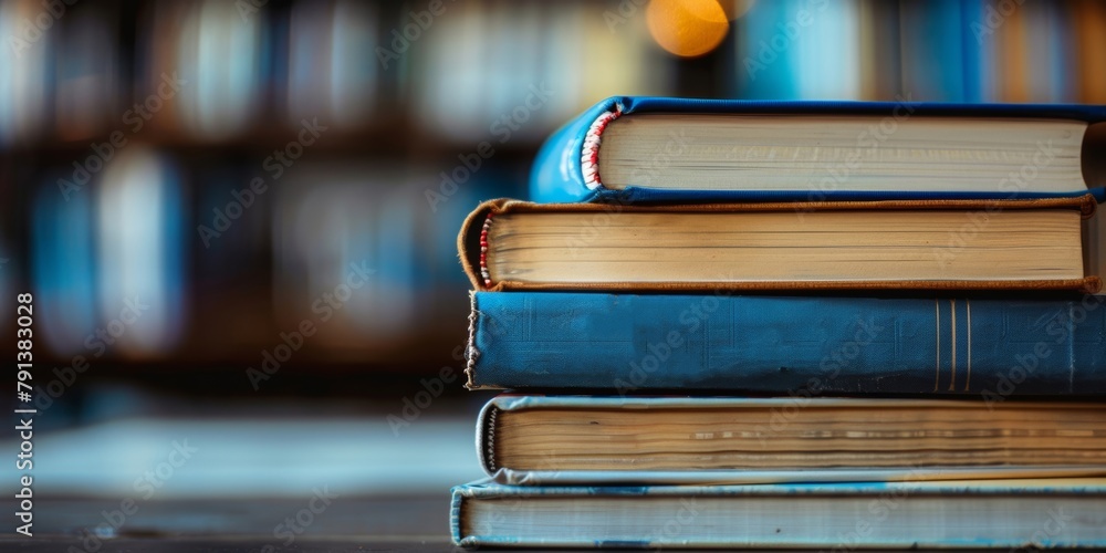 Poster stacked hardbound books resting on a wooden table with a blurred library background.