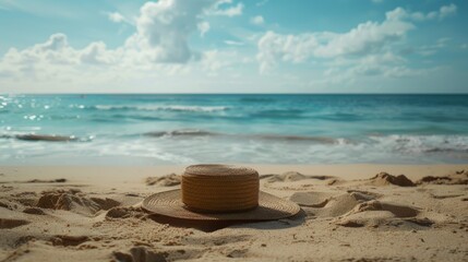 Fototapeta na wymiar A straw hat left on a sandy beach with a tranquil ocean backdrop under a clear sky.