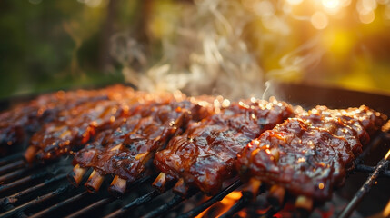 Grilled juicy barbecue ribs photograph for advertising. - obrazy, fototapety, plakaty