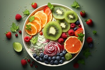 A bowl of fruit including strawberries, blueberries, raspberries, oranges, and kiwi.