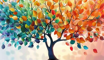 Colorful tree with leaves on hanging branches illustration background. 3d abstraction wallpaper for interior mural wall art décor. Floral tree with multicolor, Generative AI