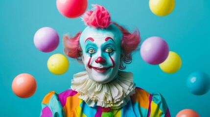 Playful clown with vibrant makeup and colorful balloons in a joyful, whimsical setting.