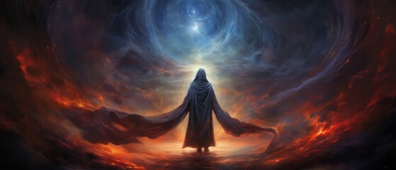 A being of immense power and knowledge stands before you. It is difficult to discern its true form, as it is shrouded in a dark cloak. The being's eyes are bright and piercing, and seem to see right t
