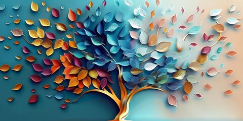 Tree with leaves on hanging branches of blue, white and golden illustration background. 3d abstraction wallpaper for interior mural wall art decor. floral tree with multicolor leaves, Generat
