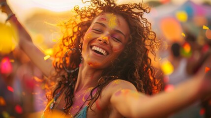A happy young woman with colorful face paint celebrating at a vibrant outdoor festival.