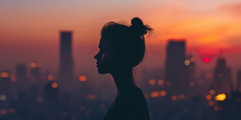 Silhouette of a young woman contemplating the cityscape against a vibrant sunset, evoking reflection and solitude. - obrazy, fototapety, plakaty
