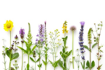Naklejka premium A diverse and vibrant display of meadow flowers isolated on a white background, featuring various species in full bloom, perfect for spring and summer themes.