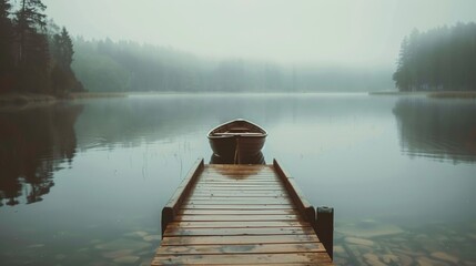 Misty lake with a wooden jetty and rowboat in a serene setting. - obrazy, fototapety, plakaty