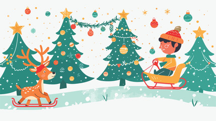 Christmas tree reindeer kid on slope vector. Evergree