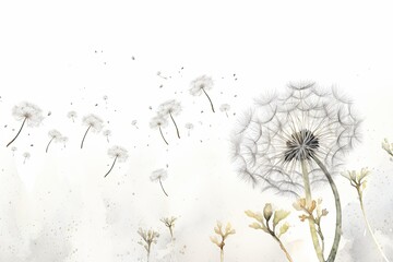 A painting depicting a dandelion blowing in the wind, with its delicate seeds dispersing in the air. Generative AI
