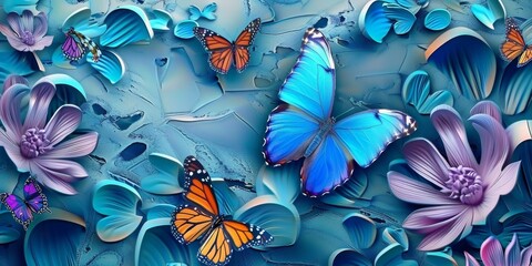 3d modern art mural wallpaper with blue butterfly, Generative AI