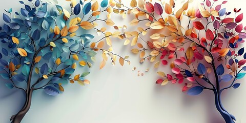 Colorful tree with leaves on hanging branches of blue, white and golden illustration background. 3d abstraction wallpaper for interior mural art decor. floral tree with multicolor leaves,Generative AI
