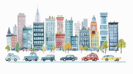 City life set with cars road buildings. City street p - obrazy, fototapety, plakaty