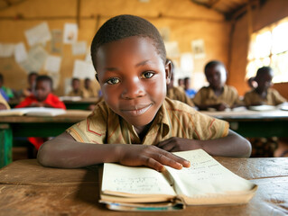 Fototapeta na wymiar Africa boy kindergarten student sits and writes note in the classroom, Education in schools in the Africa zone, Classroom in kindergarten.