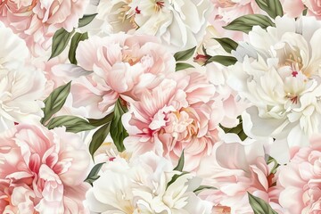 Seamless pattern of watercolor peonies in pink and white.