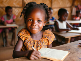 Africa girl kindergarten student sits and writes note in the classroom, Education in schools in the...