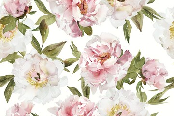 Seamless pattern of watercolor peonies in pink and white.