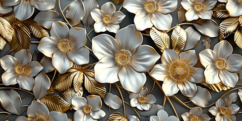 3d mural floral wallpaper. golden and white flowers and leaves. 3d render background wall decore, 3d golden flowers seamless pattern floral, Generative AI