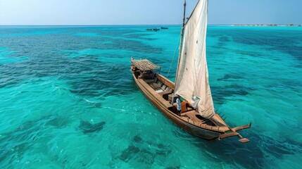 Adventurers aboard a traditional dhow boat, sailing across turquoise seas to remote islands and...