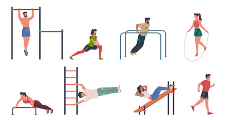 Street fitness people. Outdoor workout, turnstiles on sports ground, athletes develop muscles, toning up body, running, healthy lifestyle cartoon flat style isolated nowaday vector set