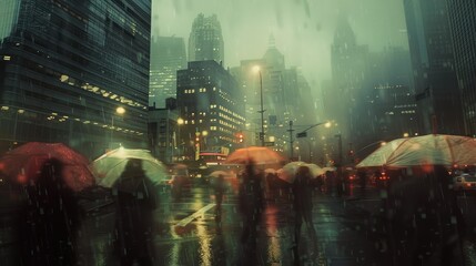 city skyline obscured by thick clouds and driving rain, umbrellas dotting the streets as pedestrians hurry to seek shelter from the storm.