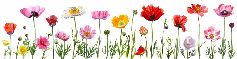 Obraz premium A diverse and vibrant display of meadow flowers isolated on a white background, featuring various species in full bloom, perfect for spring and summer themes.