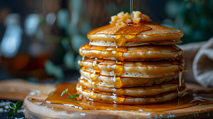 A stack of pancakes, with dripping maple syrup as the background, during a lazy weekend brunch - obrazy, fototapety, plakaty