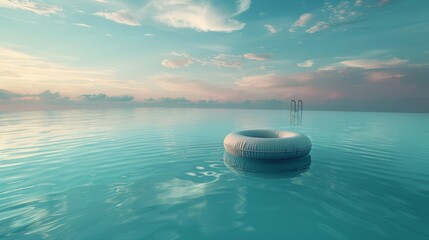 A pink inflatable raft sits in the water next to a ladder - obrazy, fototapety, plakaty