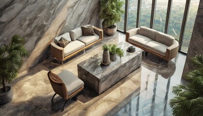 Office Opulence: Create a Luxurious Top-View Space with Stone Reception Desk and Panoramic Views!"