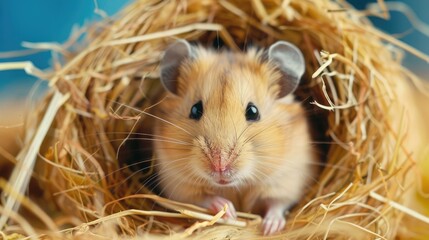 curious hamster peering out from its cozy nest, its whiskers twitching with anticipation as it explores its surroundings.