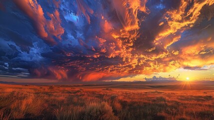 dramatic sky ablaze with colors as a storm clears at sunset, casting a golden glow over the...