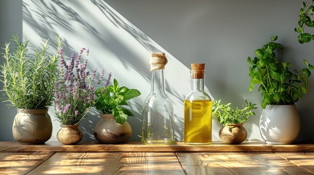 Realistic photo, minimalistic, white wall, herbs and oil at a kitchen bench