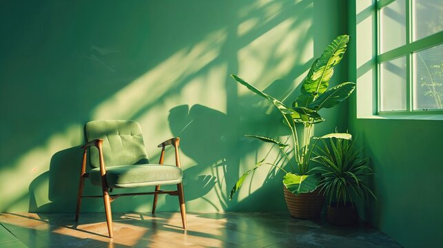 Contemporary Green Interior with Chair. Modern Design Background with copy-space.
