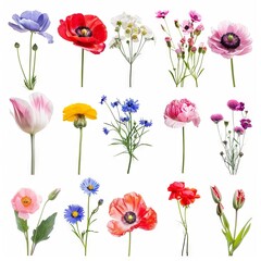 Fototapeta premium A diverse and vibrant display of meadow flowers isolated on a white background, featuring various species in full bloom, perfect for spring and summer themes.