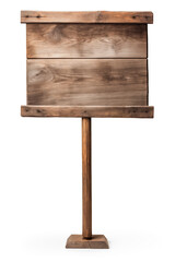 old sign board dark wood on one wooden leg isolated on white background