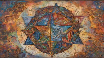 A vibrant mural depicting the peaceful coexistence of multiple religions, with symbols like the cross, crescent, Om, and Star of David intertwined in harmony. A mural of .. generative.ai