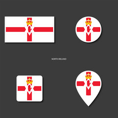North Ireland flag icon set in different shape (rectangle, circle, square and marker icon) on dark grey background.