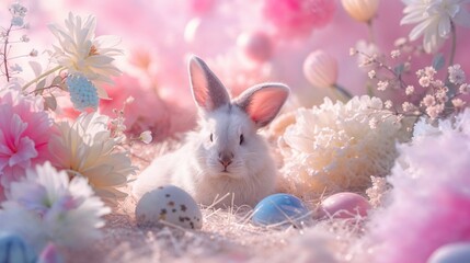 Beautiful Springtime Image with Pink Fluffy Elements and Easter Eggs. Seasonal Celebration Image.