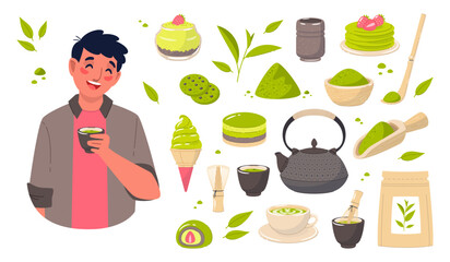 Matcha tea products. Leaves and powder, brewing accessories, sweet desserts and sweets, funny guy with hot drink cup, traditional japanese food, cartoon flat style isolated vector set