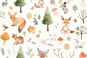 Seamless pattern of watercolor wild animals and trees.