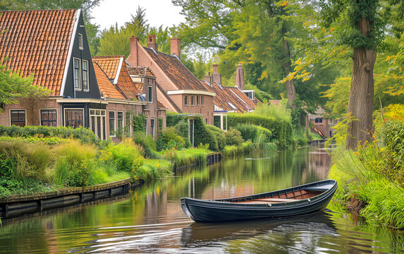a small boat floats along the Dutch canal. behind the canal you can see old Dutch houses