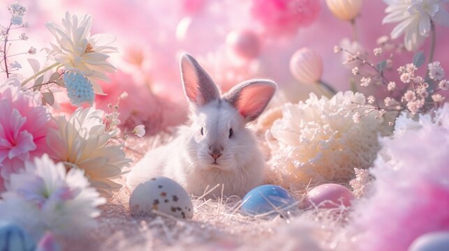 Beautiful Springtime Image with Pink Fluffy Elements and Easter Eggs. Seasonal Celebration Image.
