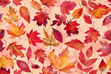 Seamless pattern of watercolor autumn leaves in warm tones of orange, red and yellow.
