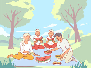 Family on picnic. Outdoor activities, parents with children, twin boys eating watermelon, eating in nature, lunch in forest, summer vacation cartoon flat style isolated vector concept
