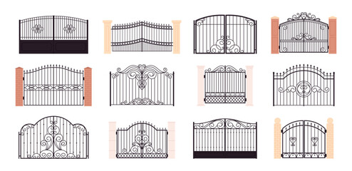 Ornamental fence gates. Metal decorative gate with vintage ornate decor. Architecture elements for yard and garden. Design racy vector set