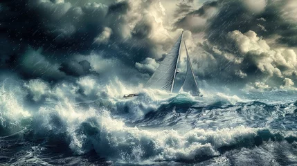 Deurstickers lone sailboat battling against towering waves and fierce winds during a violent storm at sea, its sails billowing in the tempest. © buraratn