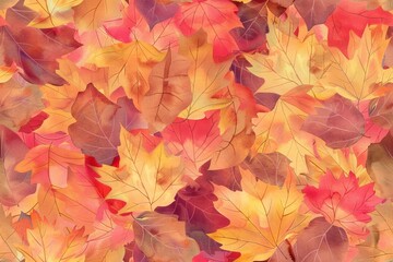 Naklejka na ściany i meble Seamless pattern of watercolor autumn leaves in warm tones of orange, red and yellow.