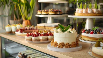 Tropical dessert buffet in a chic bakery, showcasing a variety of cakes with a focus on a clean, orderly presentation, perfect for self-service
